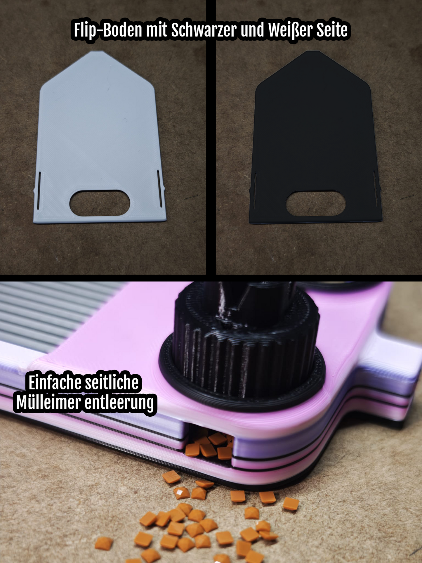 Oben: Zwei rechteckige Kunststoffsockel, einer weiß und einer schwarz, mit Griffaussparungen. Unten: Aus dem pinkfarbenen „Diamond Painting Schiffchen S4“ von New Plastics strömen seitlich orangefarbene Pellets heraus, die auf beiden Teilen deutschen Text zeigen.