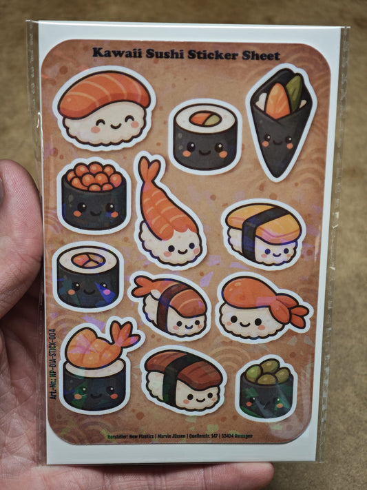Eine Hand hält den Kawaii Sushi Sticker Sheet mit 12 Stickern ca. DIN A6 von New Plastics, mit süßen Sushi-Figuren wie Nigiri, Maki und Temaki auf hellbraunem Hintergrund – perfekt für DIY-Projekte.
