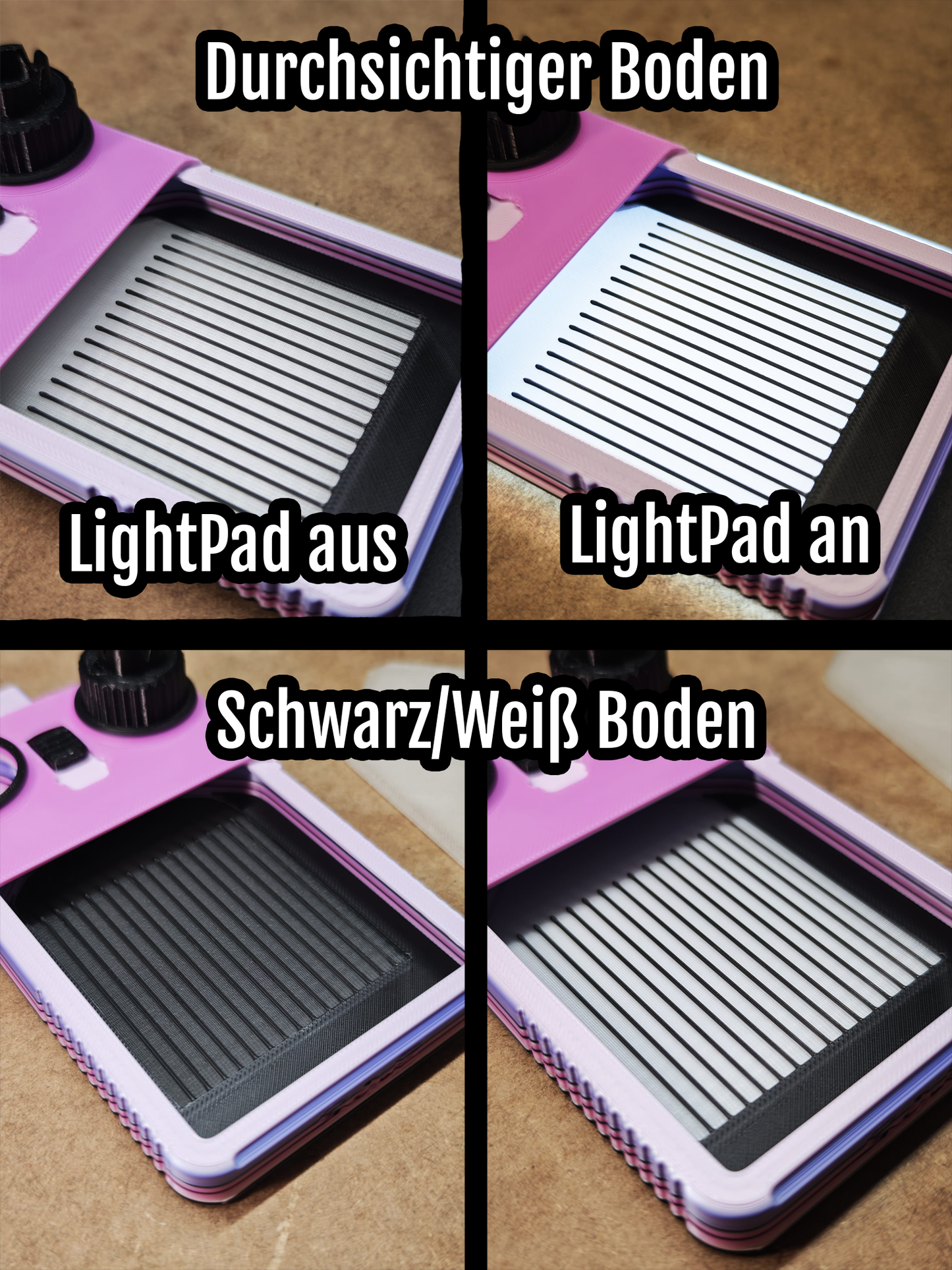 Eine Collage zeigt das New Plastics Diamond Painting Schiffchen S4 mit wechselbarem Boden: transparent und schwarz/weiß. Oben links/rechts: transparenter Boden, Licht aus/an. Unten links/rechts: schwarz/weißer Boden, Licht aus/an. Mülleimer nicht abgebildet.