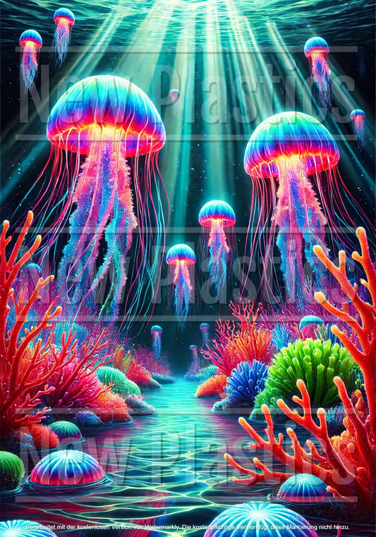 Im „Diamond Painting Bild Glowing Jellyfish“ von New Plastics schweben farbenfrohe Quallen elegant zwischen leuchtenden Korallen und Pflanzen. Sonnenlicht erzeugt eine ruhige, magische Szene, die an ein Unterwasser-Meisterwerk erinnert. Die Größe beträgt ca. 70 x 100 cm, die 120 Farben in quadratischem Harz.