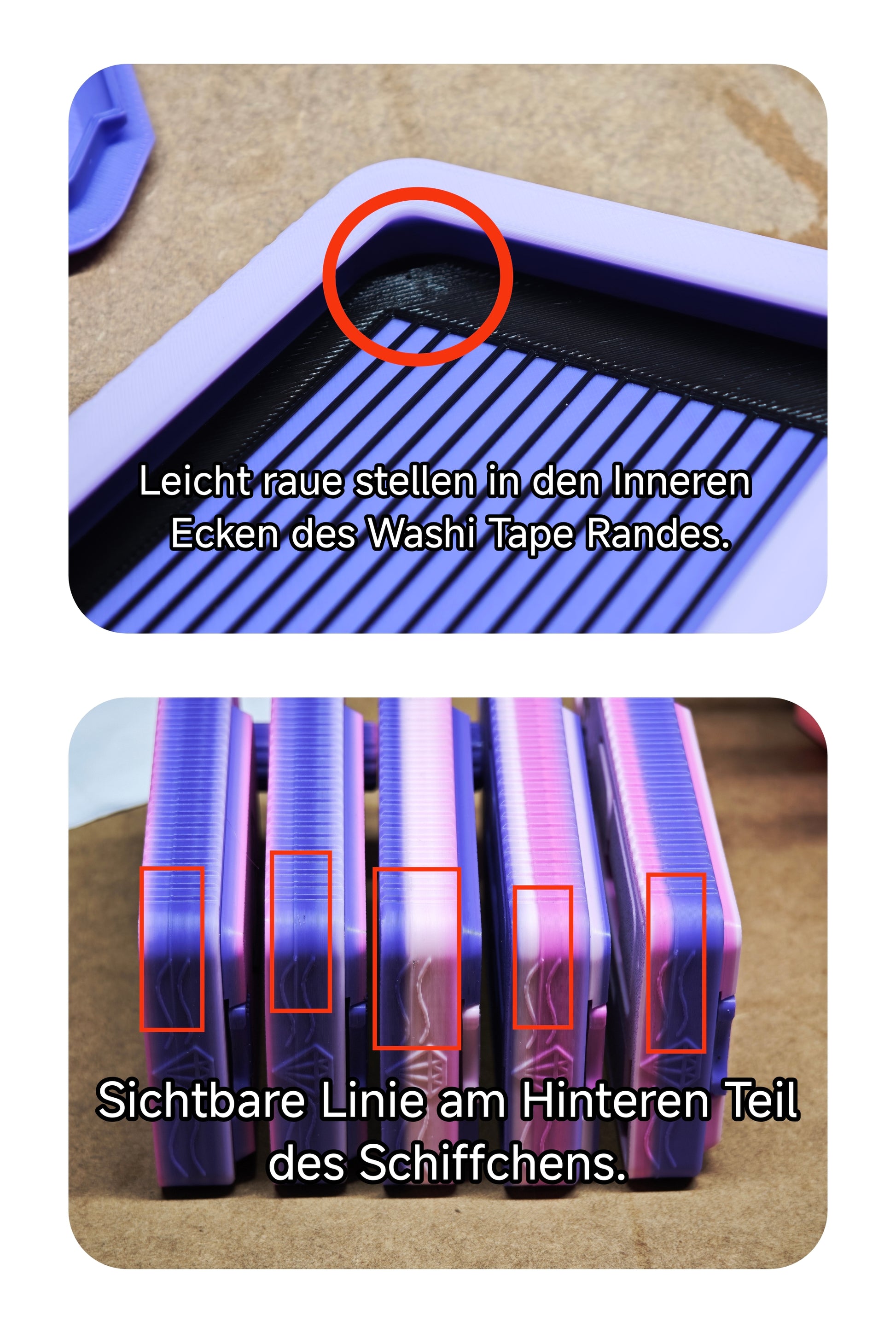 Das obere Bild zeigt eine leicht raue Innenecke, die an die eckigen Steinchen erinnert, die beim Diamond Painting verwendet werden. Das untere Bild zeigt vier violette Elemente mit rot hervorgehobenen Linien. Über den Bildern liegt ein deutscher Text, der diese Eigenschaften des Diamond Painting Schiffchen S1 PLUS von New Plastics beschreibt.