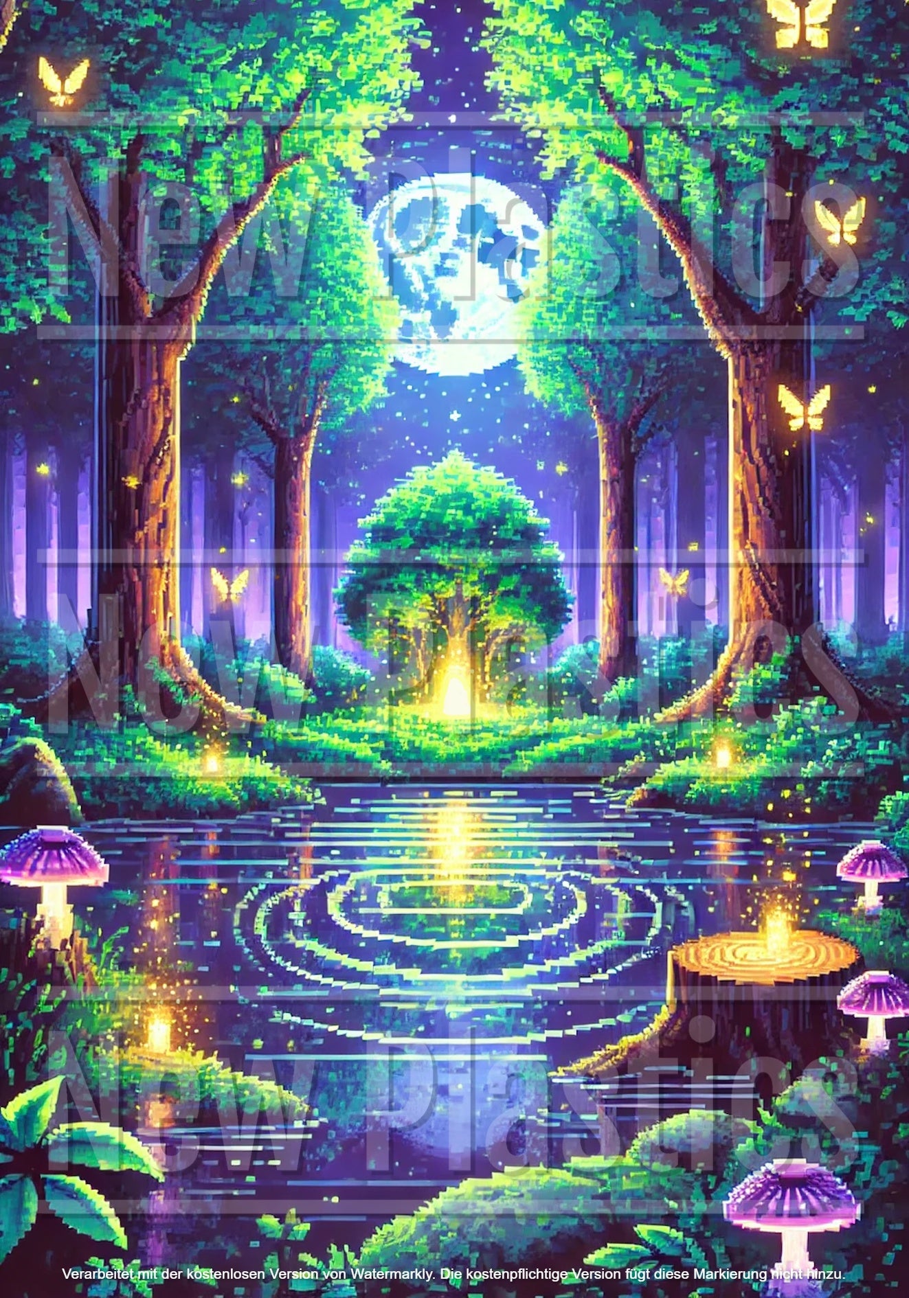 Erleben Sie das Diamond Painting „Magic Tree in the Woods“ von New Plastics, ein 70 x 100 cm großes Meisterwerk mit 120 Farben eckiger Harzsteine auf einer robusten Leinwand. Die lebendige Pixelkunst zeigt eine Waldszene mit leuchtenden Bäumen, Pilzen und einem reflektierenden Teich unter einem mondbeschienenen Himmel.