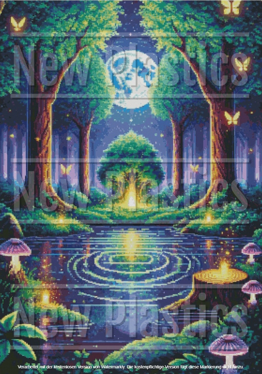 Es entfaltet sich eine zauberhafte Waldszene mit schimmerndem Teich und Vollmond, umgeben von üppigen Bäumen, leuchtenden Glühwürmchen und farbenfrohen Pilzen – ähnlich dem „Diamond Painting Bild Magic Tree in the Woods ca.70x100cm Eckig Harz 120 Farben“ von New Plastics.