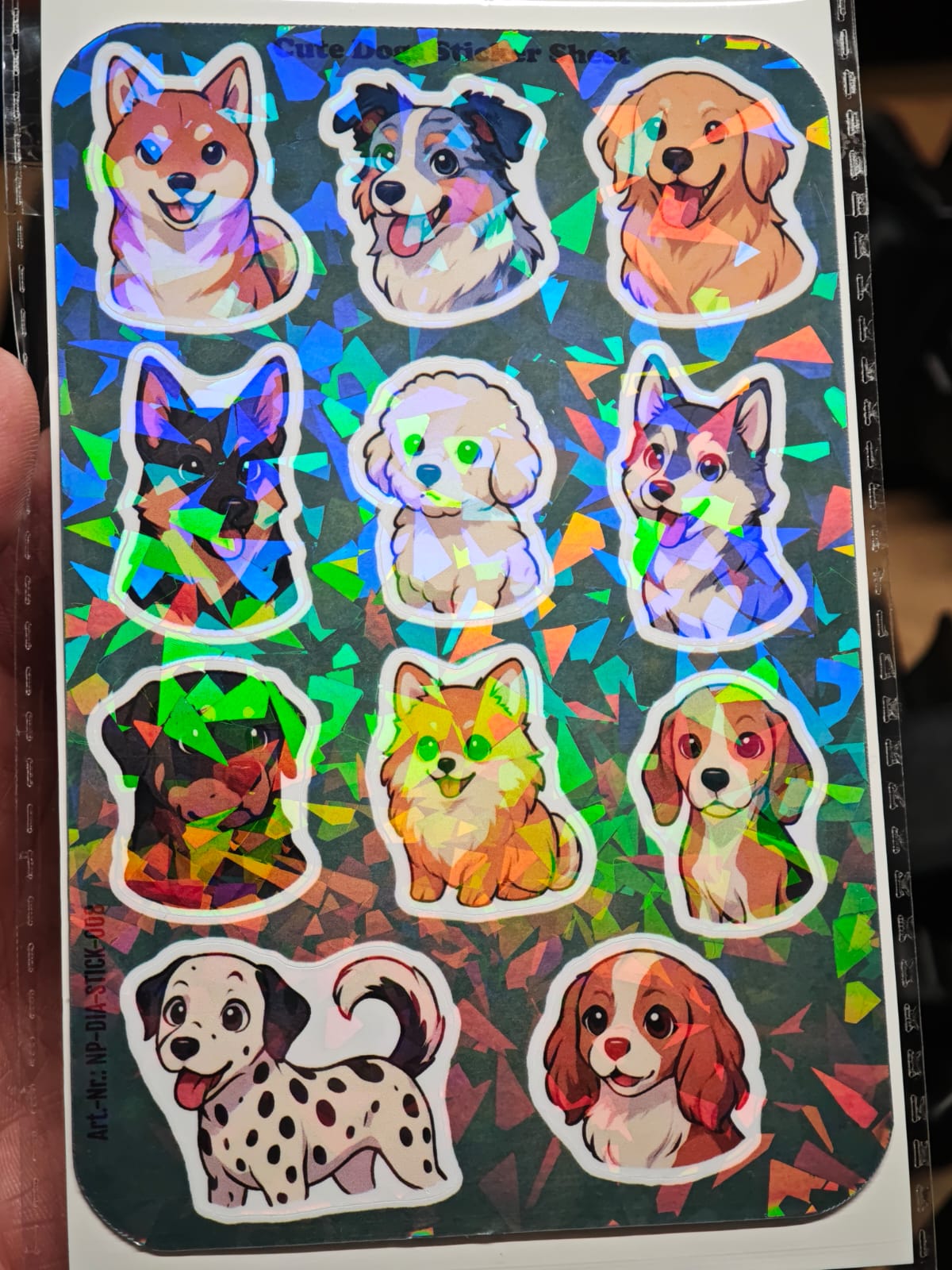 The Cute Dogs Sticker Sheet mit 11 Stickern ca. DIN A6 von New Plastics bietet bunte Cartoon-Hundesticker auf dunklem, geometrischem Hintergrund – ideal für DIY-Projekte oder als Stickerbogen.