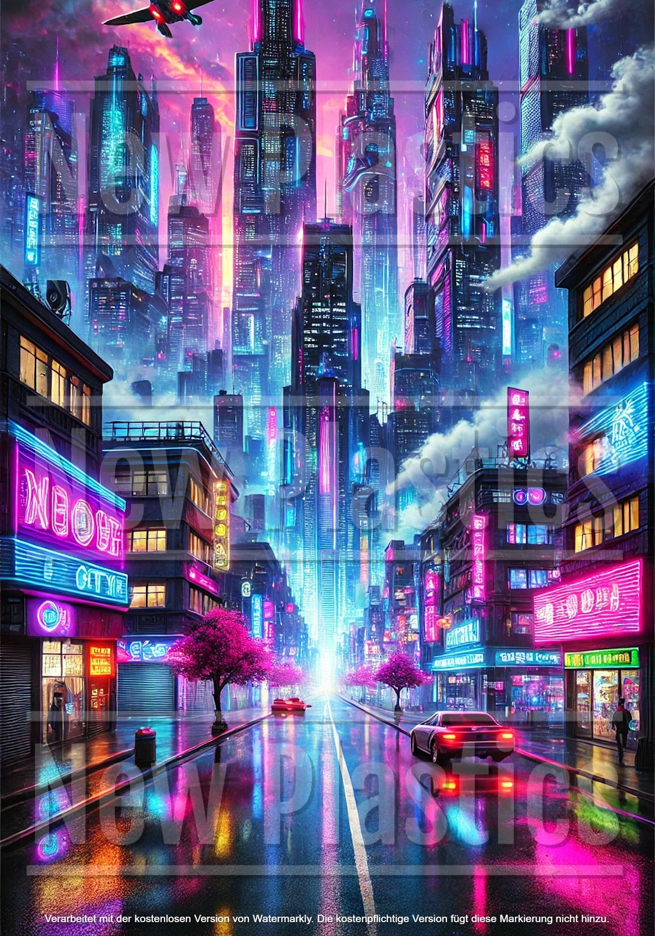 Eine lebendige futuristische Stadtlandschaft im Diamond Painting Bild Neon City (ca. 70 x 100 cm) von New Plastics zeigt Neonlichter, Wolkenkratzer, fliegende Autos, ein einsames Auto auf einer nassen Straße mit leuchtenden AB-Steine-Schildern und bunte Gebäude unter einem lebendigen Himmel.