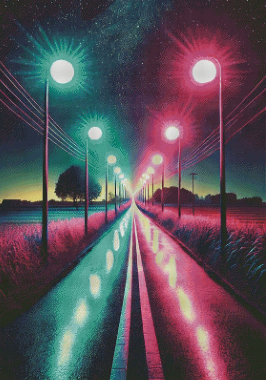 Eine lebendige, futuristische Straßenszene mit bunten Neonlichtern, die den Weg beleuchten. Der Himmel ist voller Sterne und die Straße ist von leuchtenden Straßenlaternen gesäumt. Die umliegenden Felder verleihen den hellen Lichtern Tiefe und Kontrast.