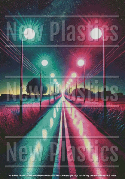 Die lebendige, futuristische Szene einer neonbeleuchteten Straße bei Nacht erinnert an das Diamond Painting Bild „Neon Street“ von New Plastics und zeigt leuchtende Reflexionen und einen Sternenhimmel. Das 70 x 100 cm große Kunstwerk aus Kunstharz mit 120 Farben fängt surreale Bäume ein, die die Straße in einer schillernden Atmosphäre säumen.