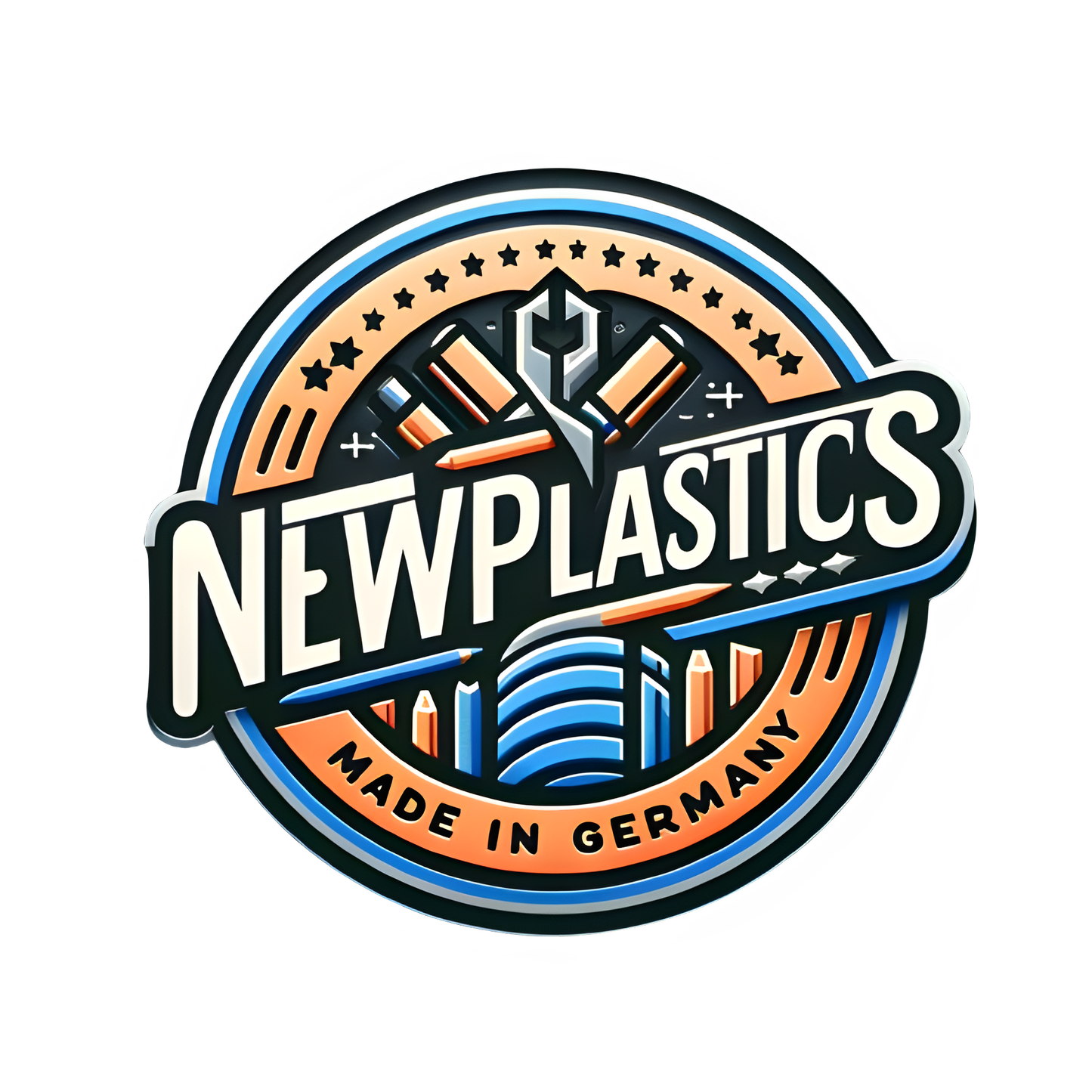 Auf einem runden Schild steht „New Plastics“ und zeigt eine urbane Skyline mit geometrischem Design im Retro-Stil, der an kreative Köpfe erinnert. Es ist in den Farben Blau, Orange und Weiß gehalten und trägt unten in Rot die Aufschrift „Made in Germany“.