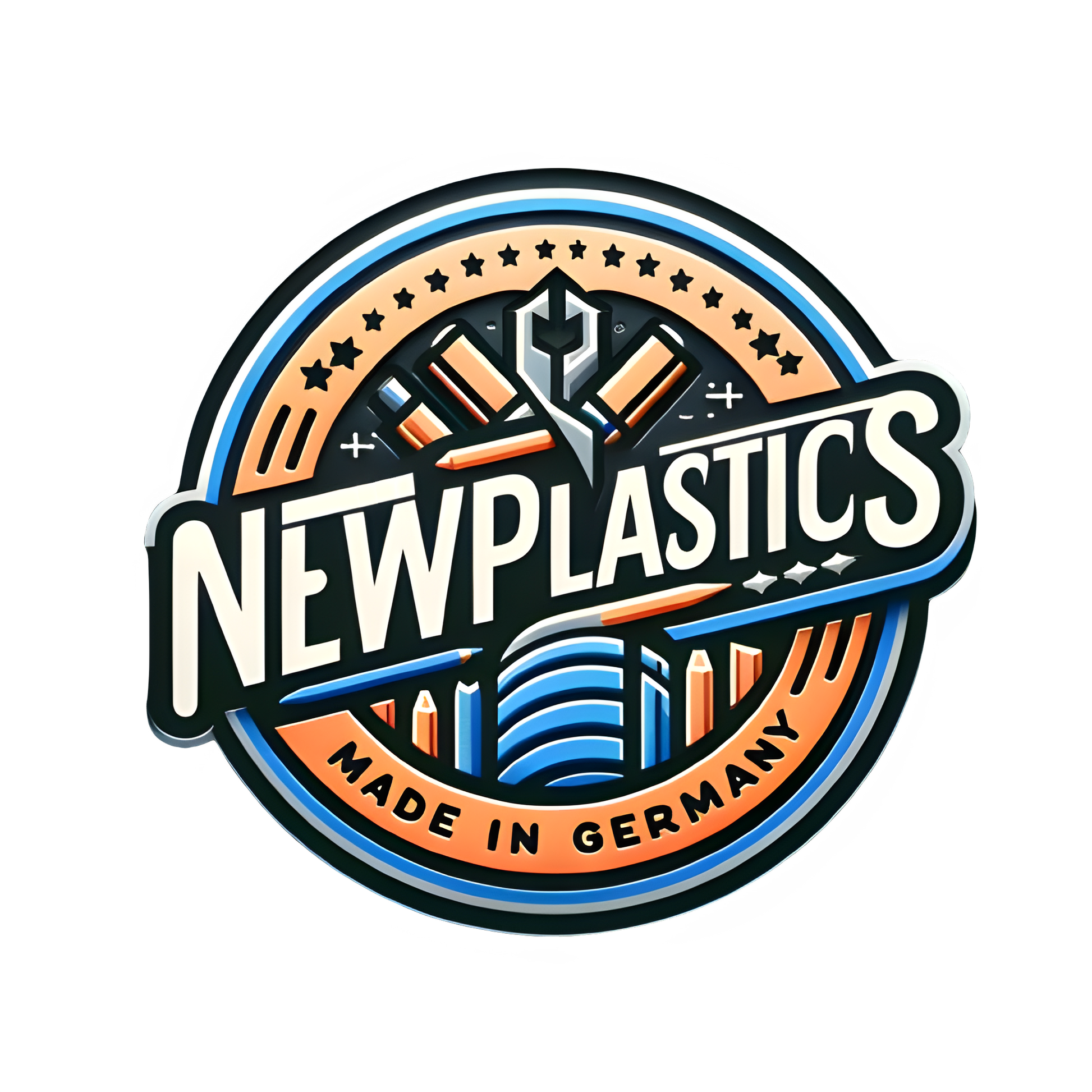 Auf einem runden Schild steht „New Plastics“ und zeigt eine urbane Skyline mit geometrischem Design im Retro-Stil, der an kreative Köpfe erinnert. Es ist in den Farben Blau, Orange und Weiß gehalten und trägt unten in Rot die Aufschrift „Made in Germany“.