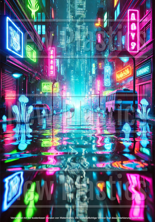 Eine lebendige, neonbeleuchtete Stadtstraße bei Nacht, die der lebendigen Leinwand eines Diamond Painting Bilds „Underwater Neon City“ von New Plastics ähnelt, besticht durch farbenfrohe Schilder, die sich auf dem regennassen Asphalt spiegeln und eine futuristische Cyberpunk-Atmosphäre schaffen.