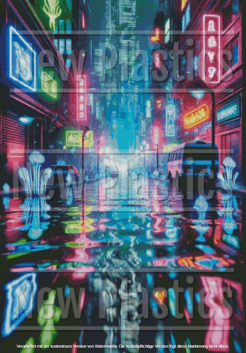 Das „Diamond Painting Bild Underwater Neon City“ von New Plastics zeigt eine farbenfrohe, futuristische Stadtlandschaft bei Nacht mit auf nassen Straßen schimmernden Neonschildern, hohen Gebäuden, die wie ein schillernder Diamant leuchten, und einem geheimnisvollen Leuchten im Hintergrund.