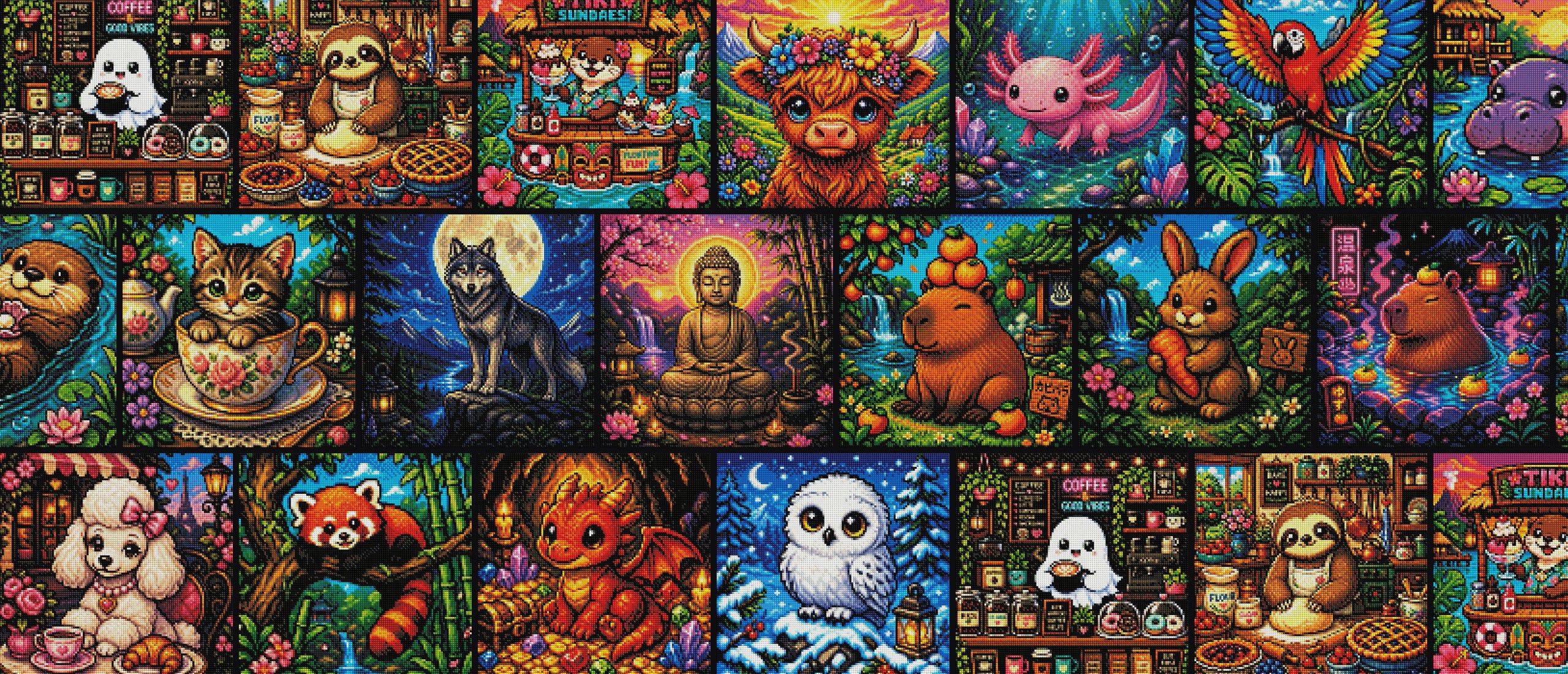 Kachelraster aus 19 Diamond-Painting-Motiven von New Plastics